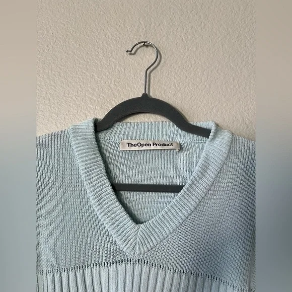 TheOpen Product Blue V Neck Ribbed Sweater Bell Sleeves Women's Size S - Picture 4 of 13